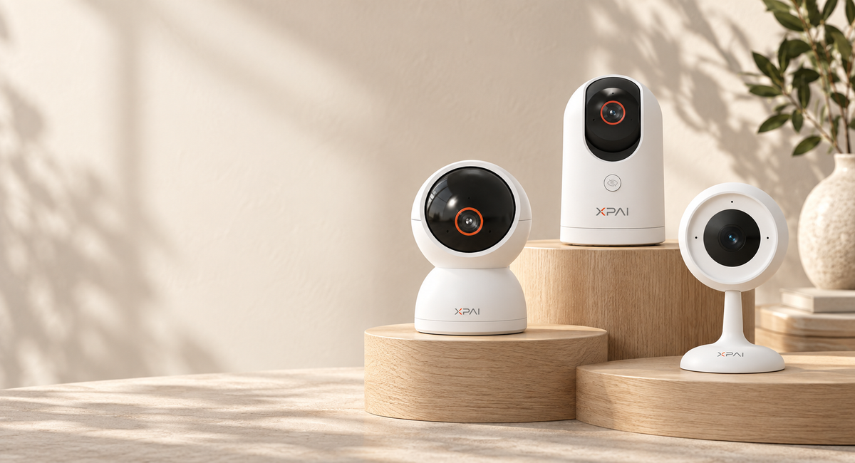 XPAI H30C, H50P and H80X indoor cameras on pale oak displays in a warm home